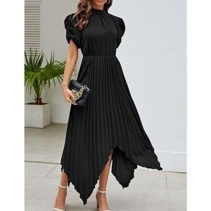Theenkoln Women's Midi Dress Size Medium Pleated High Neck Puff Sleeve Black D6